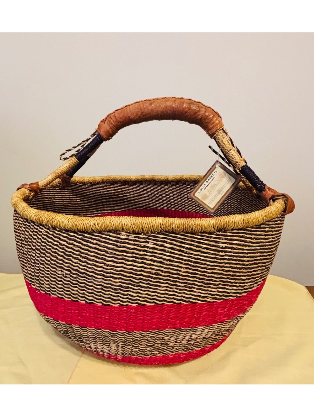 VTG Bolga Baskets African Ghana Market Basket Handwoven Elephant Grass Leather